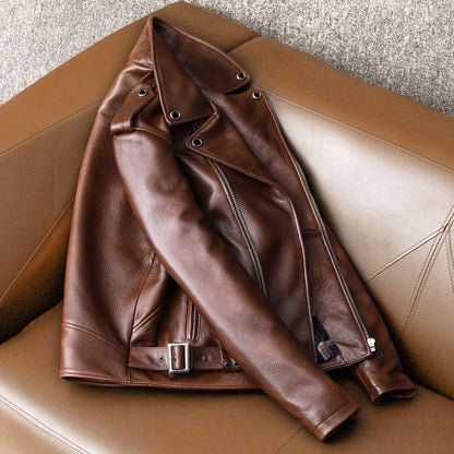 Blouson en cuir d’agneau vintage marron pour homme – style motard élégant