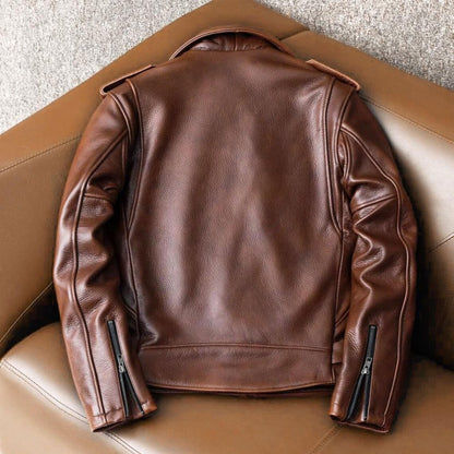 Blouson en cuir d’agneau vintage marron pour homme – style motard élégant