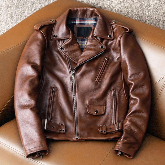Blouson en cuir d’agneau vintage marron pour homme – style motard élégant